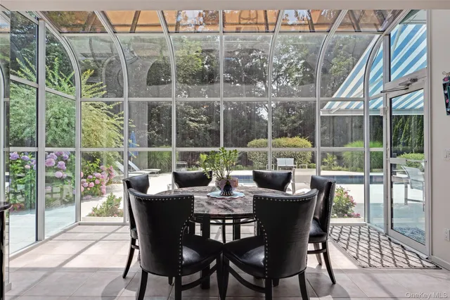 a view of a dining room with furniture window and outside view