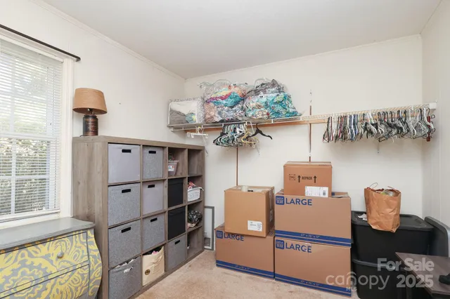 a storage room with cabinets
