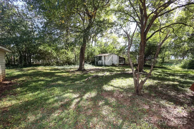 a view of a backyard with large trees