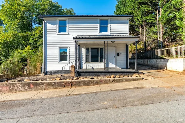 front view of a house with a patio