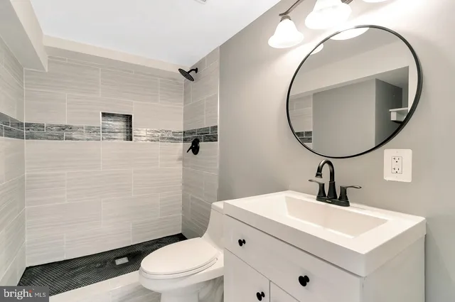 a bathroom with a sink a mirror a toilet and a shower