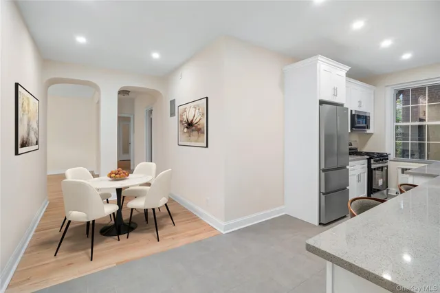 a view of a dining room with furniture