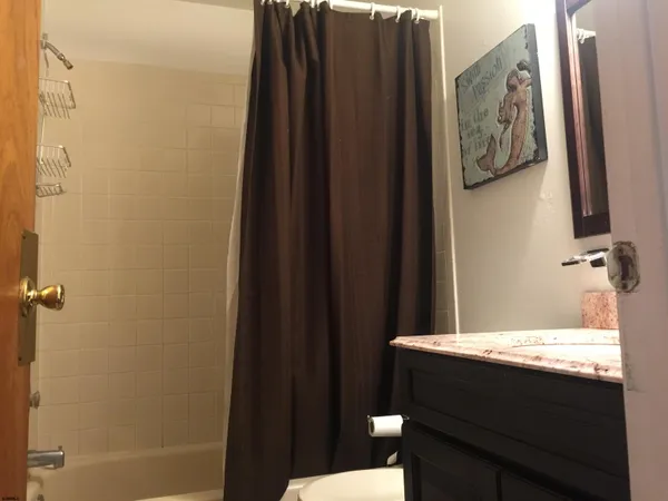 a bathroom with a bathtub and shower