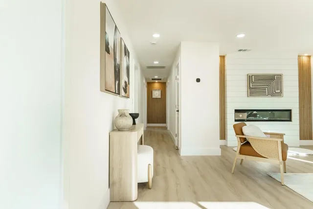 a living room with furniture and a potted plant