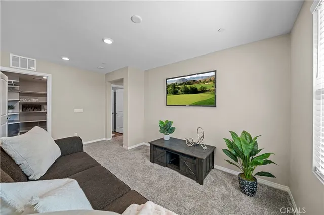 a living room with furniture potted plant and window