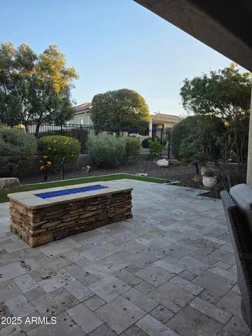 a garden view with a bench