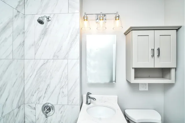 a bathroom with a toilet a sink and mirror