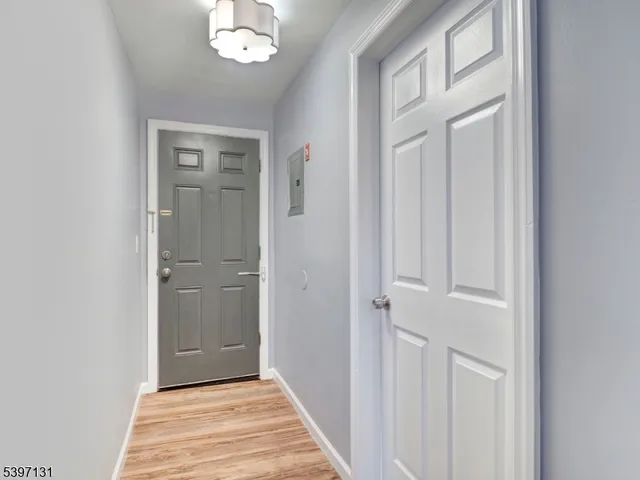 a view of a hallway with front door