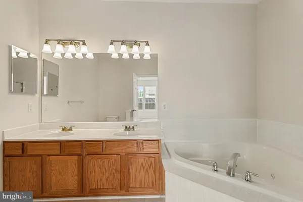a bathroom with a sink mirror and a bathtub