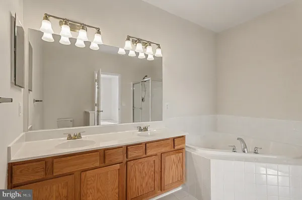 a bathroom with double vanity sink and a mirror