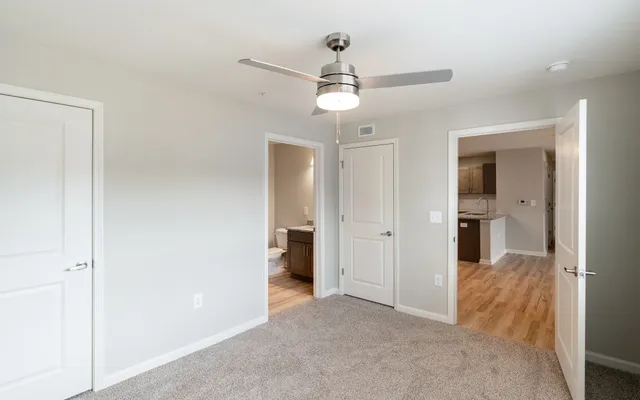 a view of a room with a bathroom
