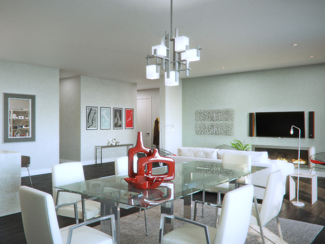 236 South Racine Avenue, Unit 401 Chicago, IL 60607 - Photo 5 of 8 a living room with furniture a flat screen tv and kitchen view