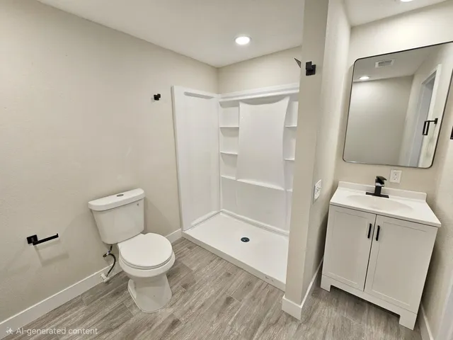 a bathroom with a shower and a toilet