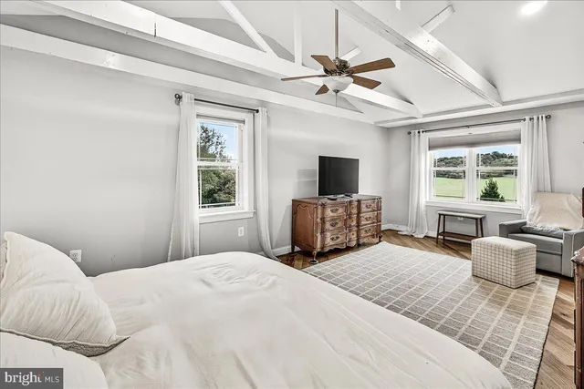 a view of a bedroom with furniture and windows