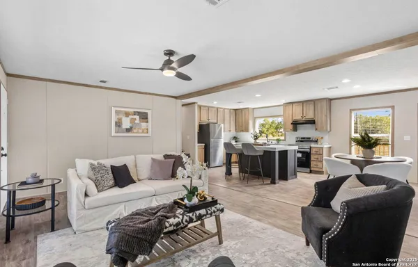 a living room with furniture kitchen view and a potted plant
