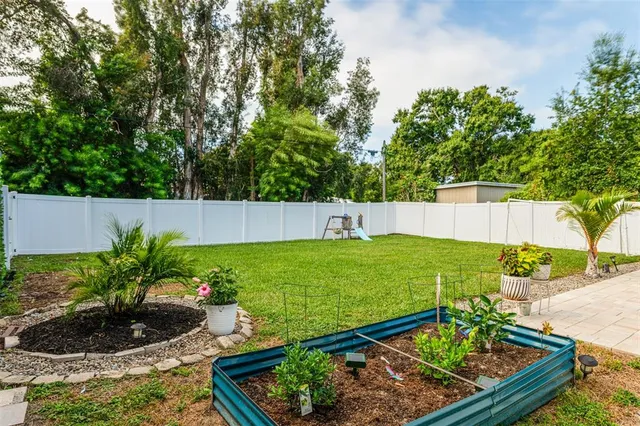 a view of a garden with plants and a bench