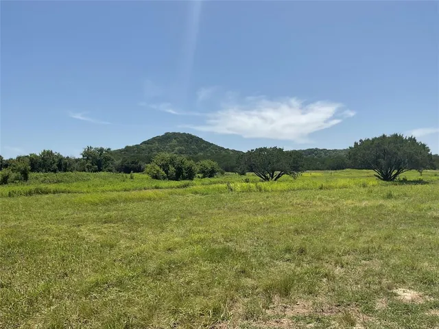a view of grassy field with mountain