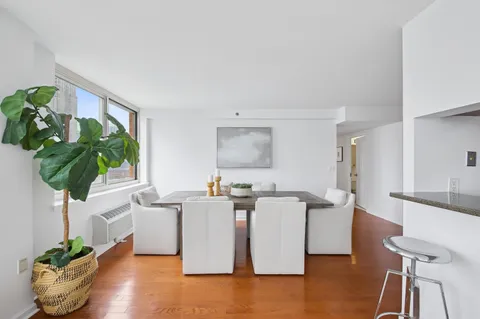 a living room with furniture a potted plant and a large window