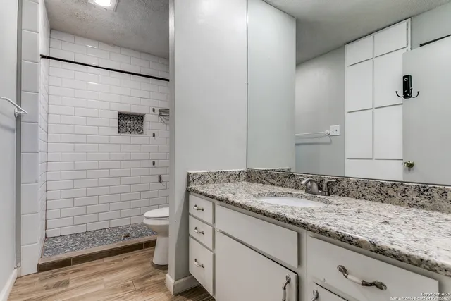 a bathroom with a granite countertop sink and a mirror