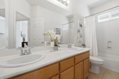 a bathroom with a double vanity sink toilet mirror and shower