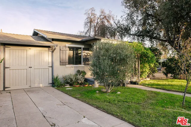 a backyard of a house with plants and large tree