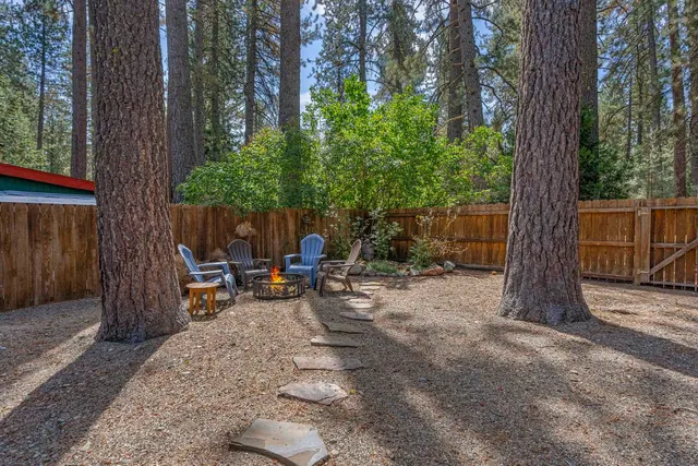 a view of backyard with a table and chairs and a large tree