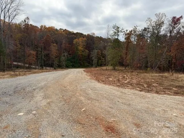 a view of empty field with trees in background