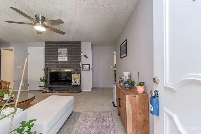 a living room with furniture and a fireplace