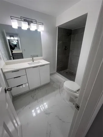 a bathroom with a sink mirror vanity and toilet
