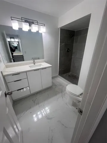 a bathroom with a sink mirror vanity and toilet