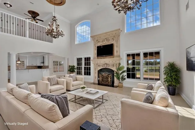 a living room with furniture a fireplace and a potted plant