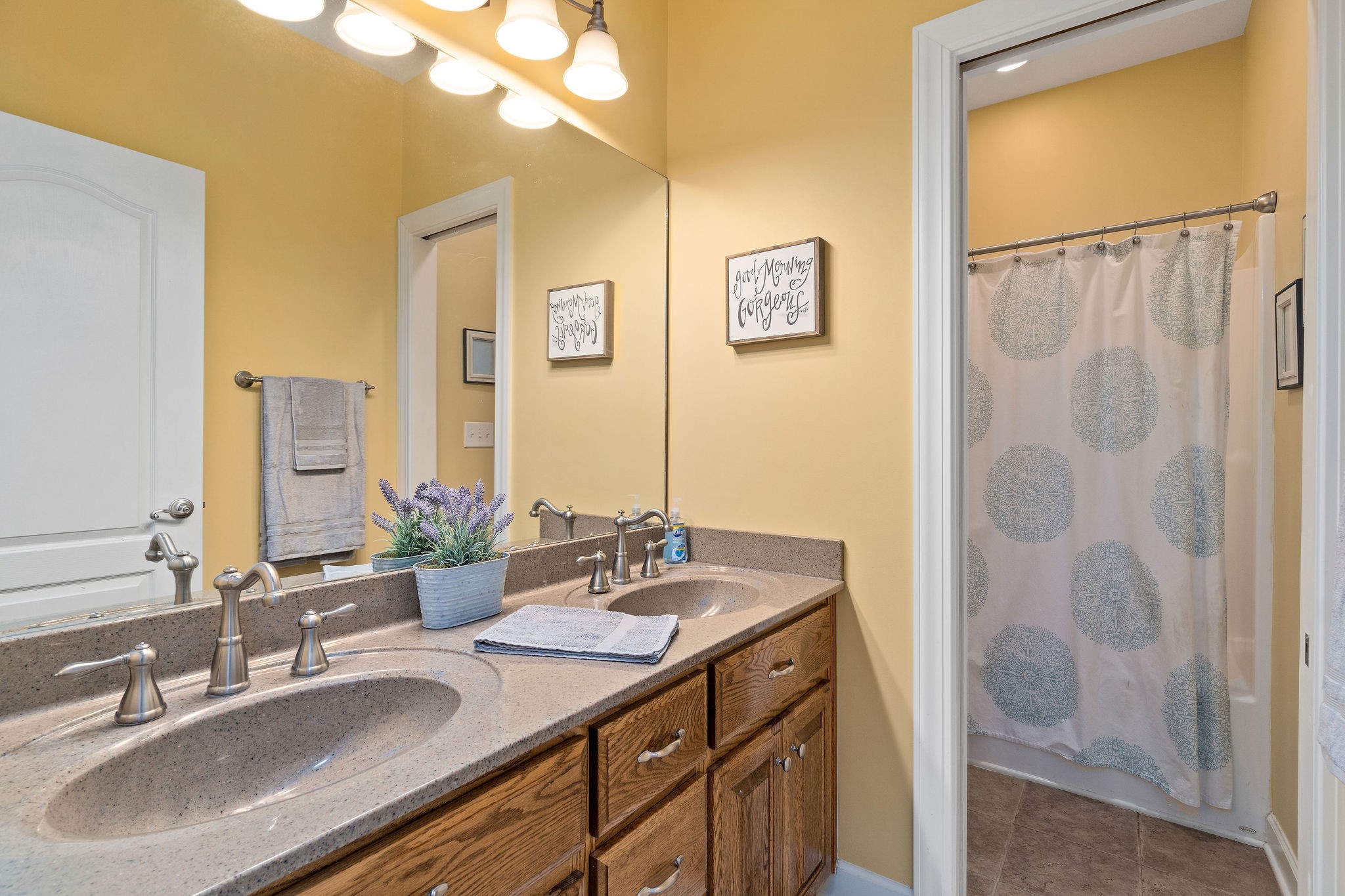 1488 Cooley Ford Road Tennessee Ridge, TN 37178 - Photo 29 of 46 a bathroom with a granite countertop sink a mirror and a shower