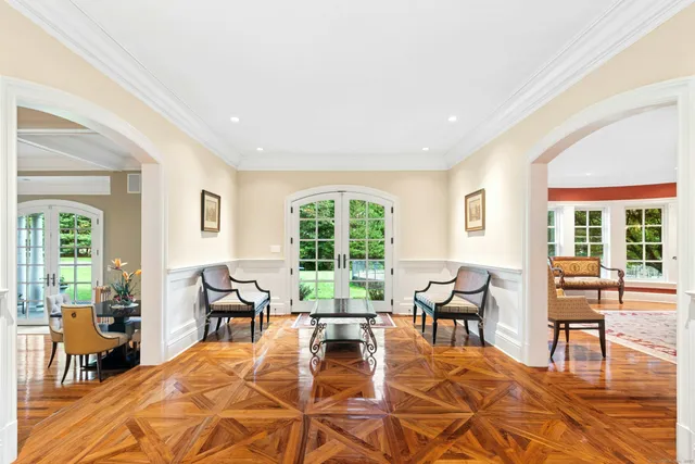 a view of a dining room with furniture window and outside view