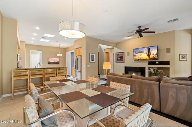 a view of a dining room with furniture
