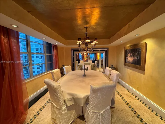a view of a dining room with furniture