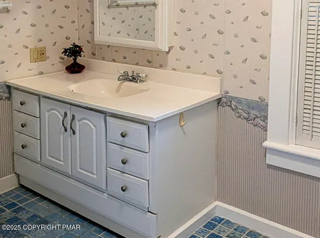 a bathroom with a sink and a mirror
