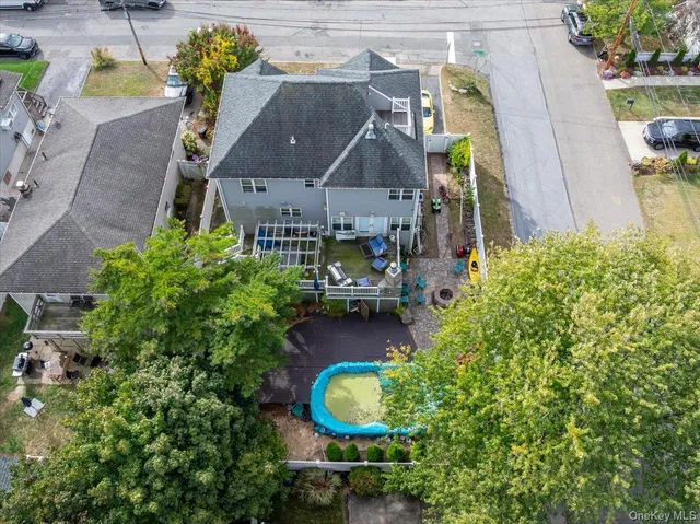 an aerial view of a house with garden