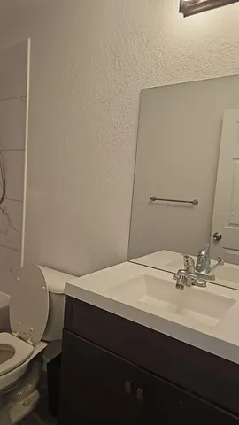 a bathroom with a sink toilet and mirror