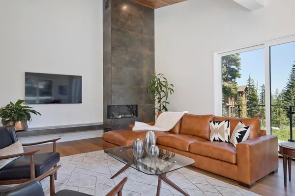 a living room with furniture potted plant and a flat screen tv