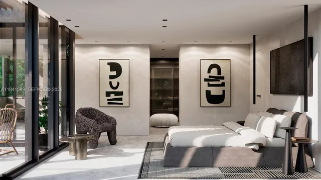 a bedroom with furniture and a large window