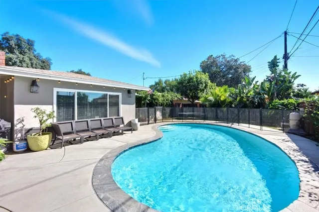 a view of a swimming pool with potted plants and big trees