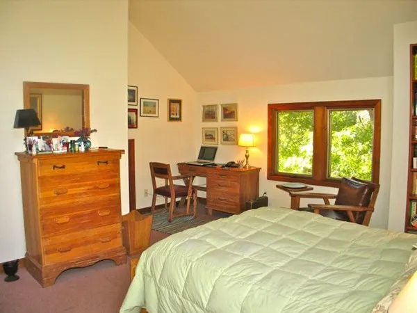 a bed room with a bed and furniture