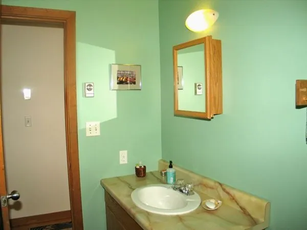 a bathroom with a sink and a mirror