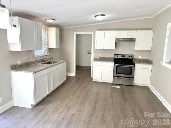 a kitchen with a sink wooden floor and stainless steel appliances