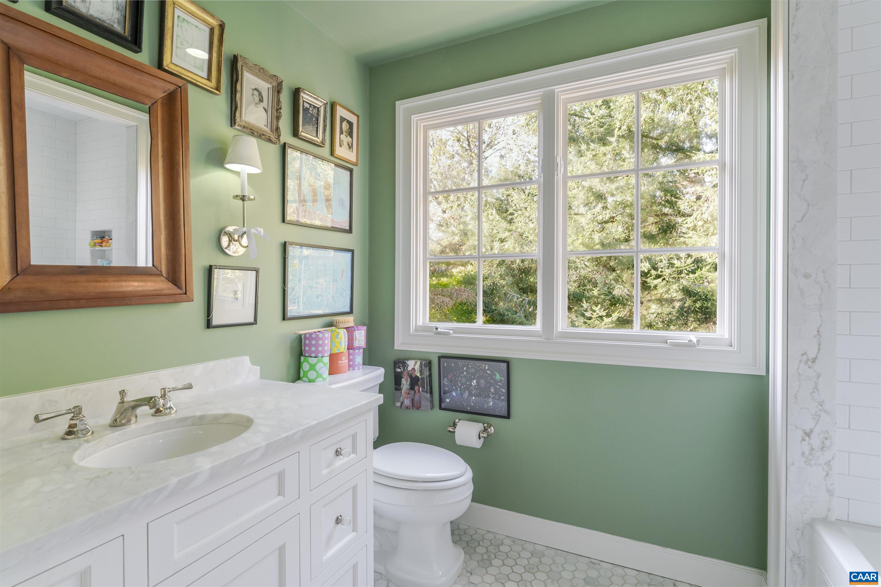 651 Ivy Depot Road Charlottesville, VA 22903 - Photo 45 of 72 a bathroom with a granite countertop toilet a sink a mirror and a window