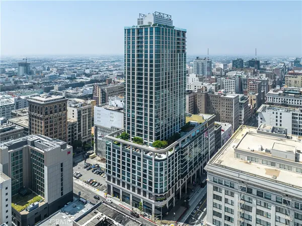 a city view with tall buildings