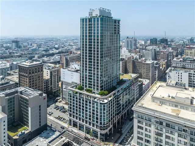 a city view with tall buildings