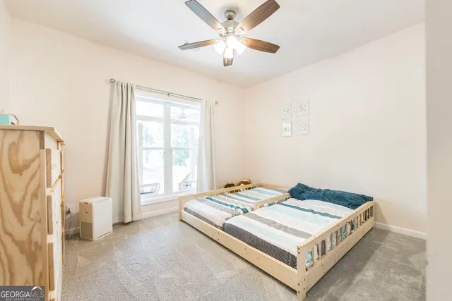 a view of a yard with plants and large trees