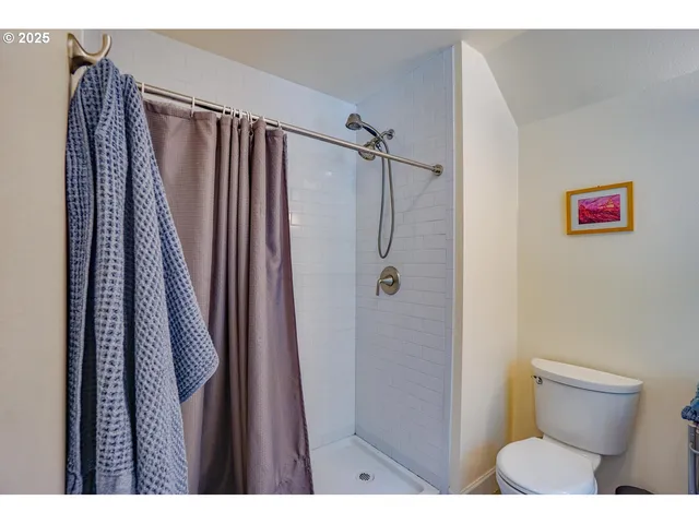 a bathroom with a shower and a toilet