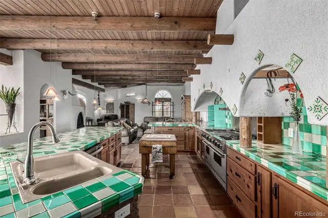 a view of a house with brick walls plants and large tree